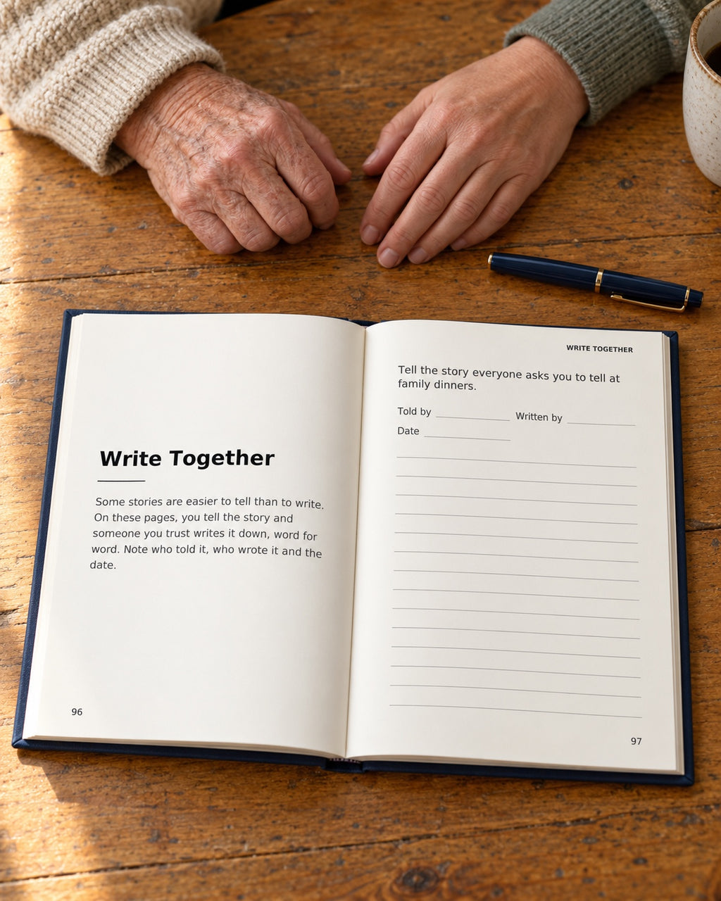 Write Together pages beside two family members at a kitchen table
