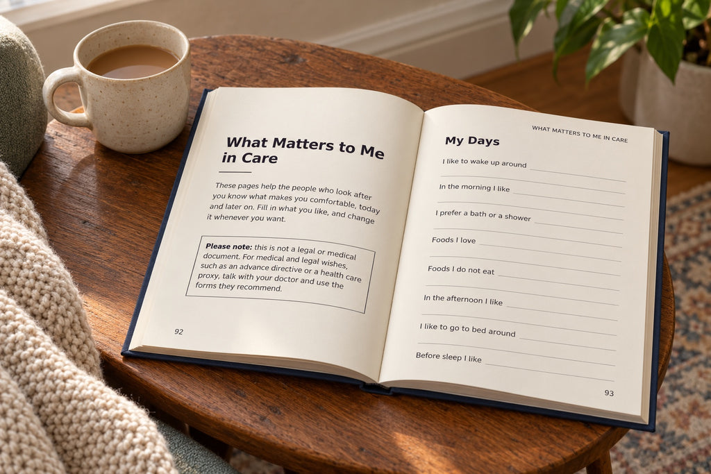 What Matters to Me in Care pages inside Penned by Me
